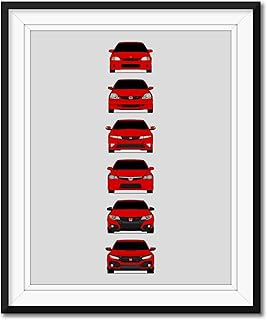 Honda Civic Type-R Generations Inspired Poster Print Wall Art Handmade Decor of the History and Evolution of the Civic Type R (EK9, EP3, FD2, FN2, FK2, FK8) (Unframed)
