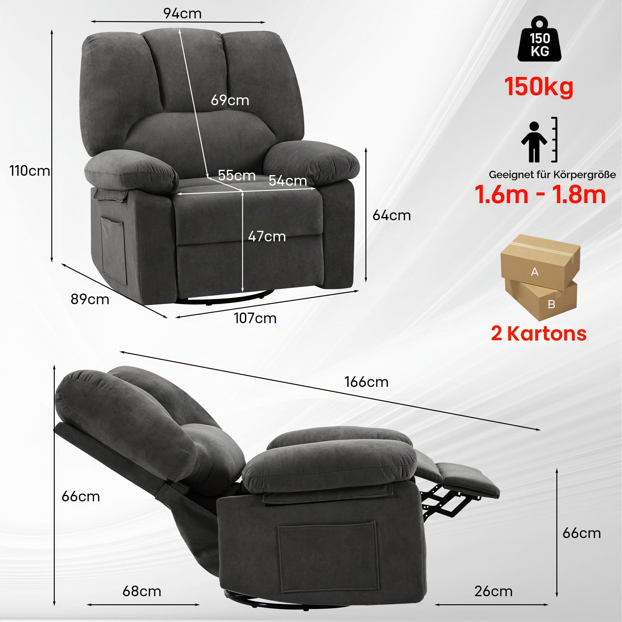 Relaxsessel mit Liegefunktion, TV-Sessel mit Seitengriff, 150 kg (Dunkelgrau)