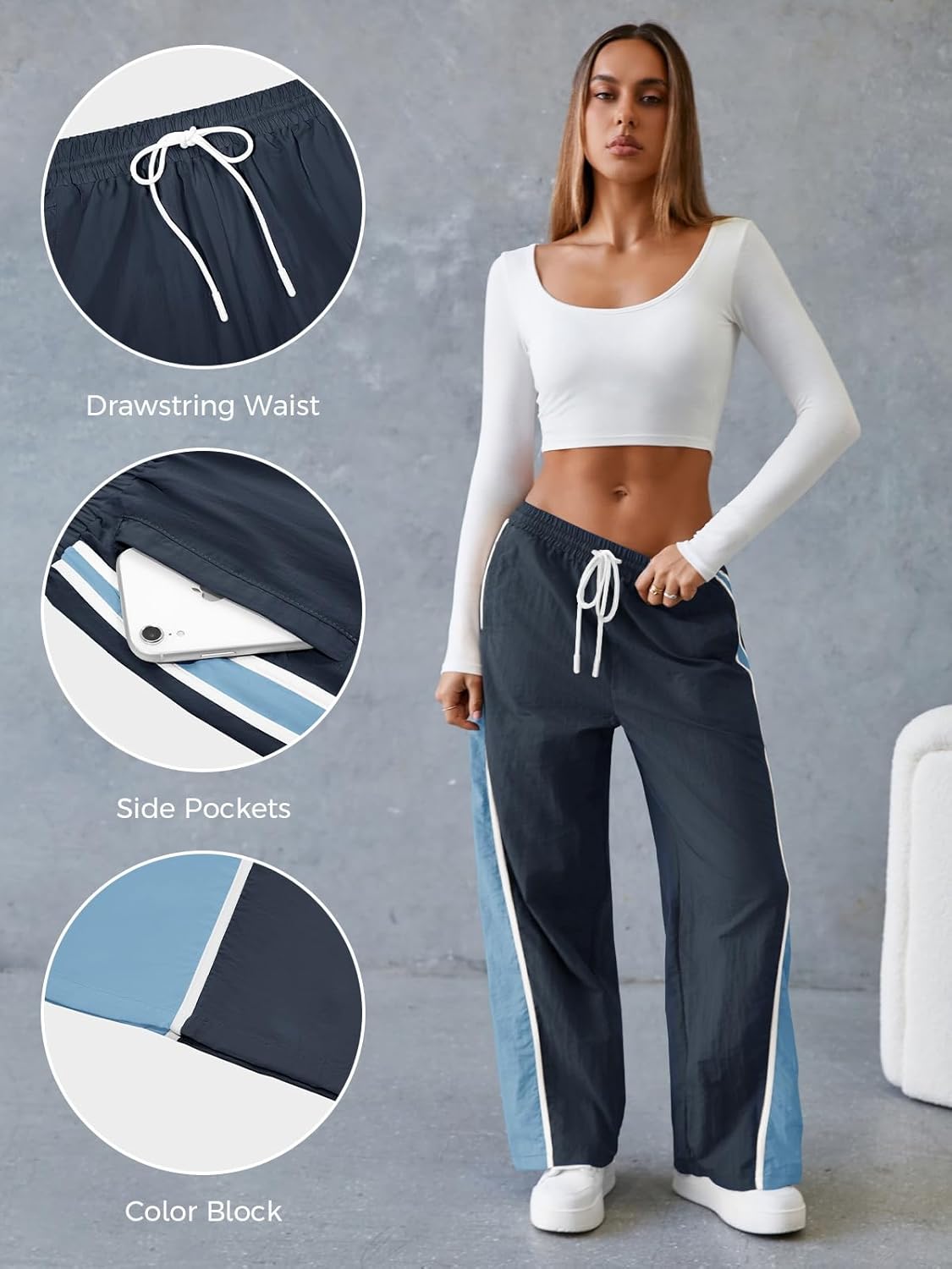 Fisoew Women's Baggy Wide Leg Track Pants Casual Drawstring Elastic Waisted Color Block Workout Y2K Active Pants - Image 5