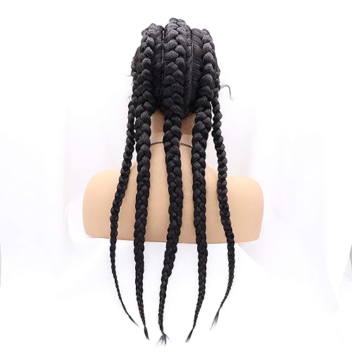 Miniatura 6 de Xiweiya negro 5 trenzas largo trenzado peluca de pelo destacado 1B sintético encaje frontal peluca con cuatro trenzas para mujer, Drag Queen