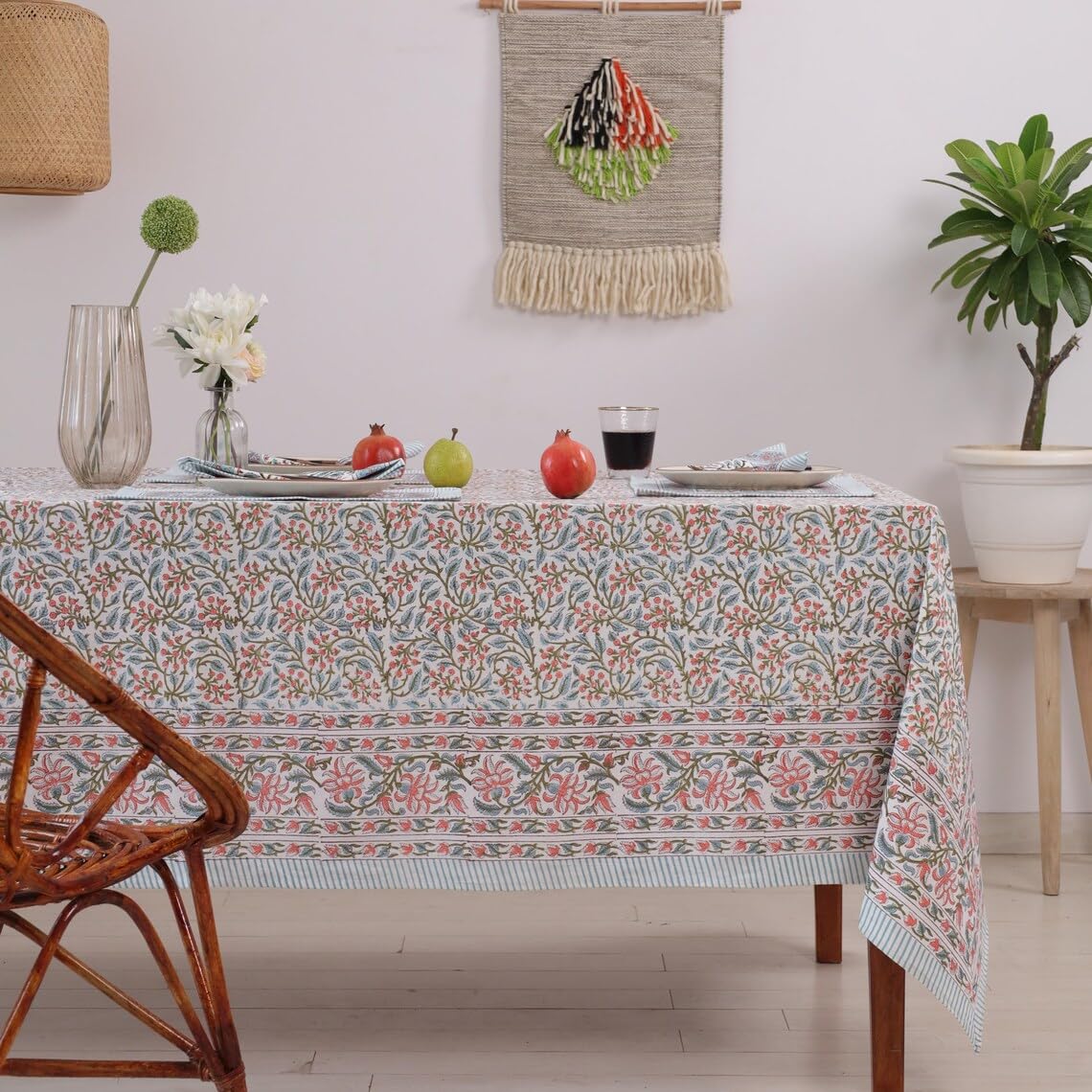 tovaglia in cotone rettangolare, 152.4x228.6 centimetro stampa a blocchi floreali, copertura per tavolo per uso interno ed esterno, sovrapposizione per tavolo farmhouse (multicolore)