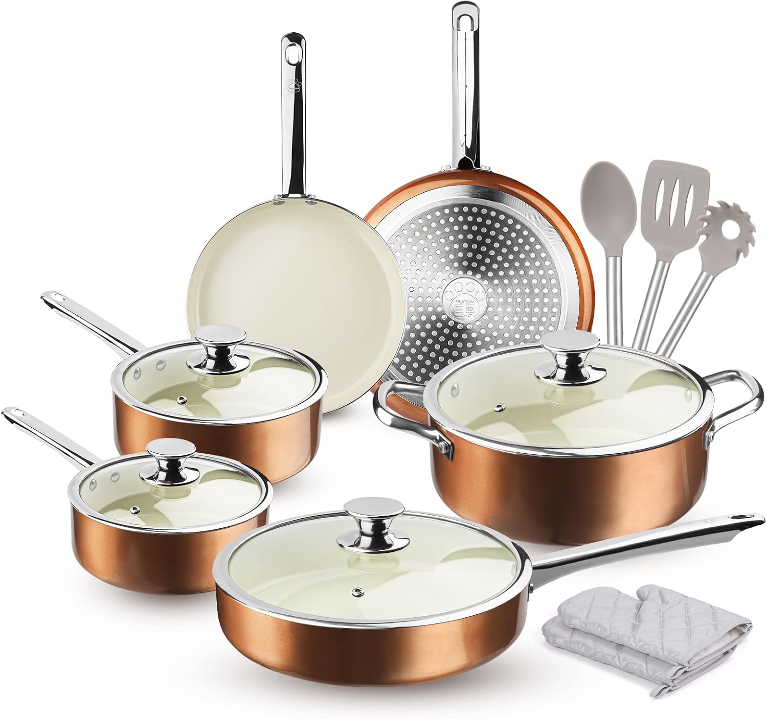 Best Seller FRUITEAM 13-Piece Cookware Set Non-stick Ceramic Coating Cooking Set, Induction Pots Pans Set with Lids, Heavy Duty Stainless Steel Handles, Induction, Oven, Gas, Stovetops Compatible for Family Meals Best Seller FRUITEAM 13-Piece Cookware Set Non-stick Ceramic Coating Cooking Set, Induction Pots Pans Set with Lids, Heavy Duty Stainless Steel Handles, Induction, Oven, Gas, Stovetops Compatible for Family Meals