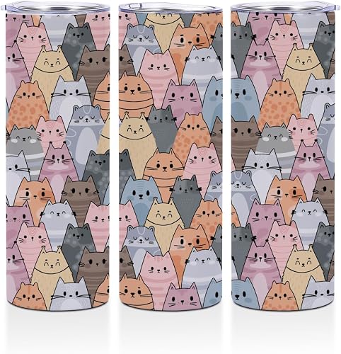 Cute Cat 20 oz Skinny Stainless Steel Slim Insulated Tumbler Straight Cup Coffee Mug Thermal Travel Cup with Lid, Cat Themed Gift for Women