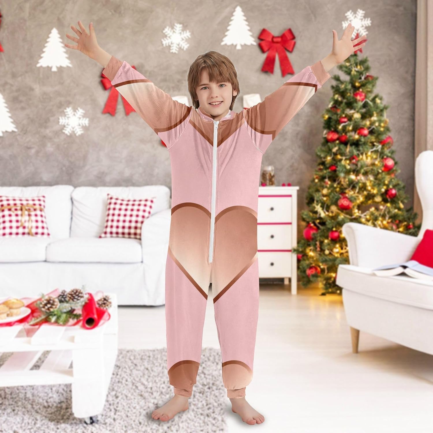 Rose Gold HeartsSleepwear Holiday PajamasZip Up Hooded One-Piecing Pjsfor Parties Sleepovers