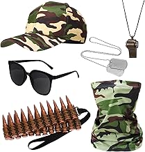 GSrenyu 6Pcs Army Fancy Dress Accessories Set,Halloween Army Costume Accessories with Camo Hat,Bullet Belt,Sunglasses and Dog Tag Necklace,Soldier Costume for Stag Do Outfit or Adult Fancy Dress