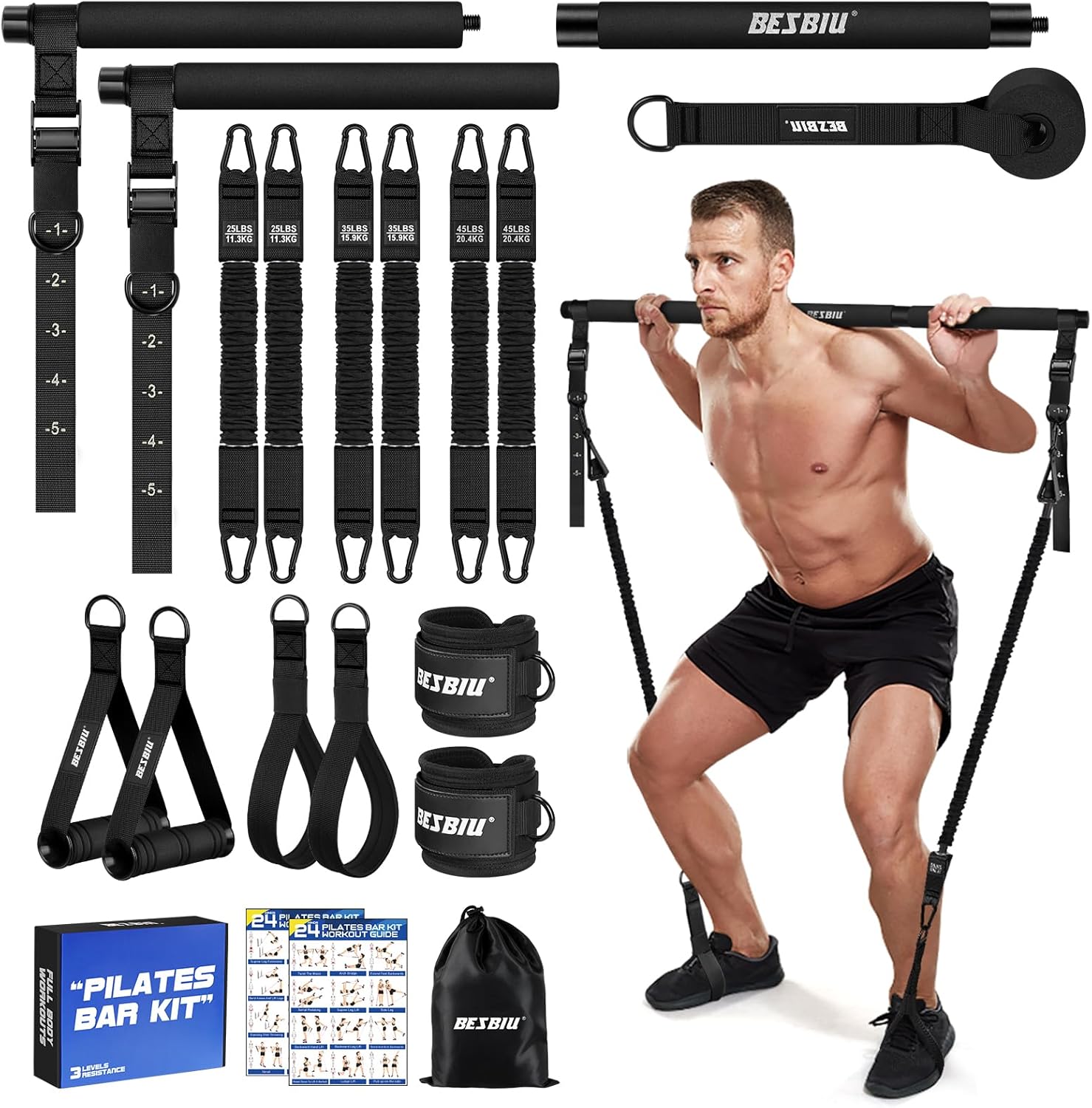 Pilates Bar Kit with Resistance Bands for Working Out, 210lbs Heavy Resistance Bands with Handles, Pilates Equipment with Resistance Band Bar for Men Women, At Home Gym Full Body Workout Equipment