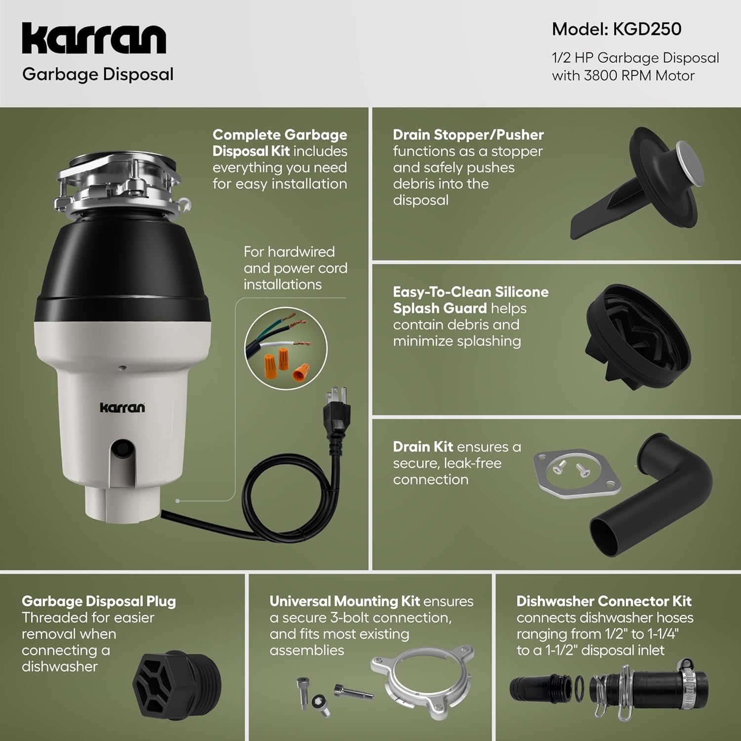 Karran 1/2 HP Garbage Disposal with Power Cord – Quiet Continuous Feed Kitchen Sink Disposal, 3800 RPM Stainless Steel Grinding Chamber, Anti-Jam Technology, Easy 3-Bolt Mount, Compact Design
