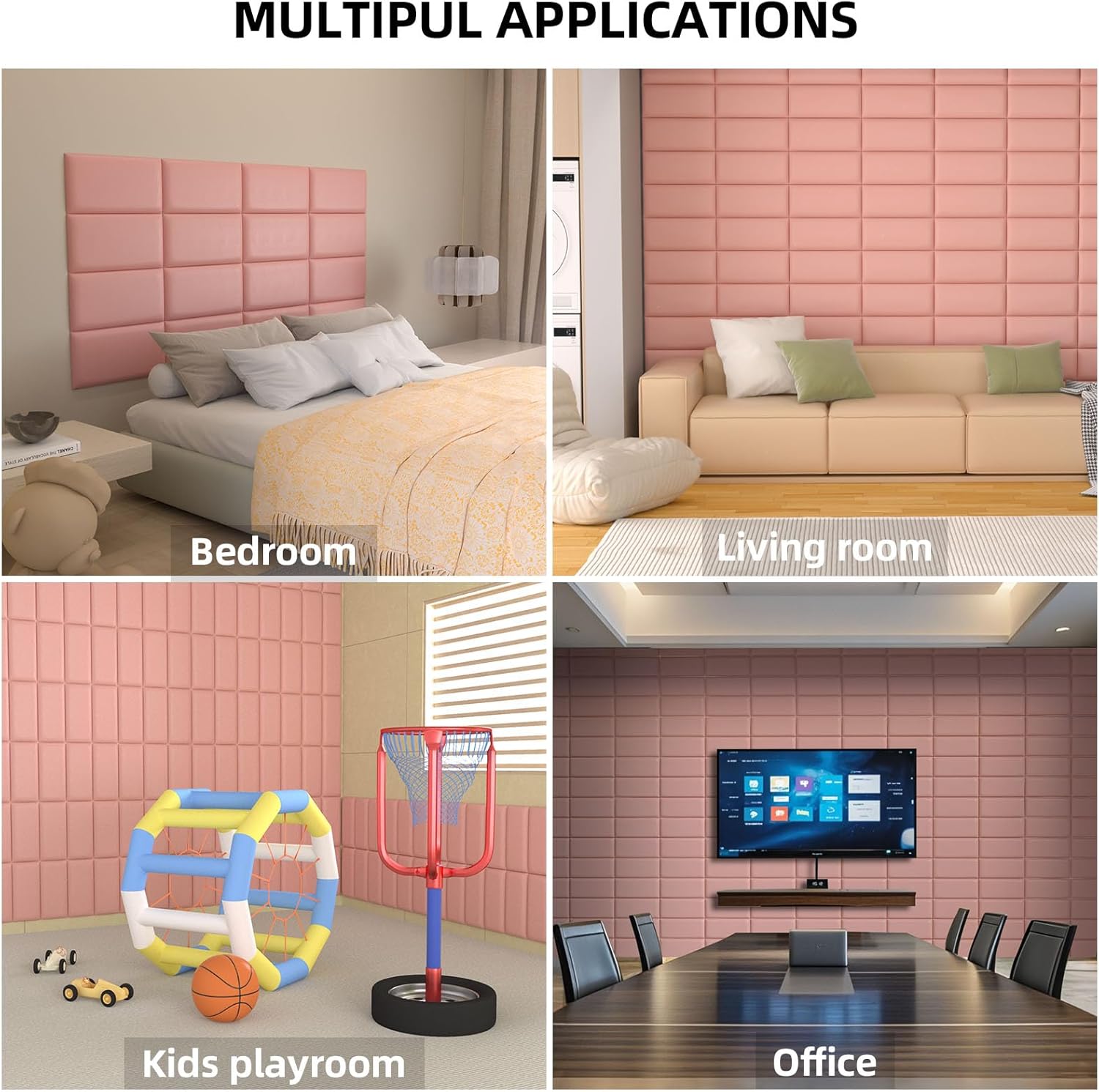 Peel and Stick Headboard - Pink Upholstered Wall Panels, 10 Panels Sized 7.8" x 15.7", 3D Anti-Collision Soundproof Self-Adhesive for Bedroom