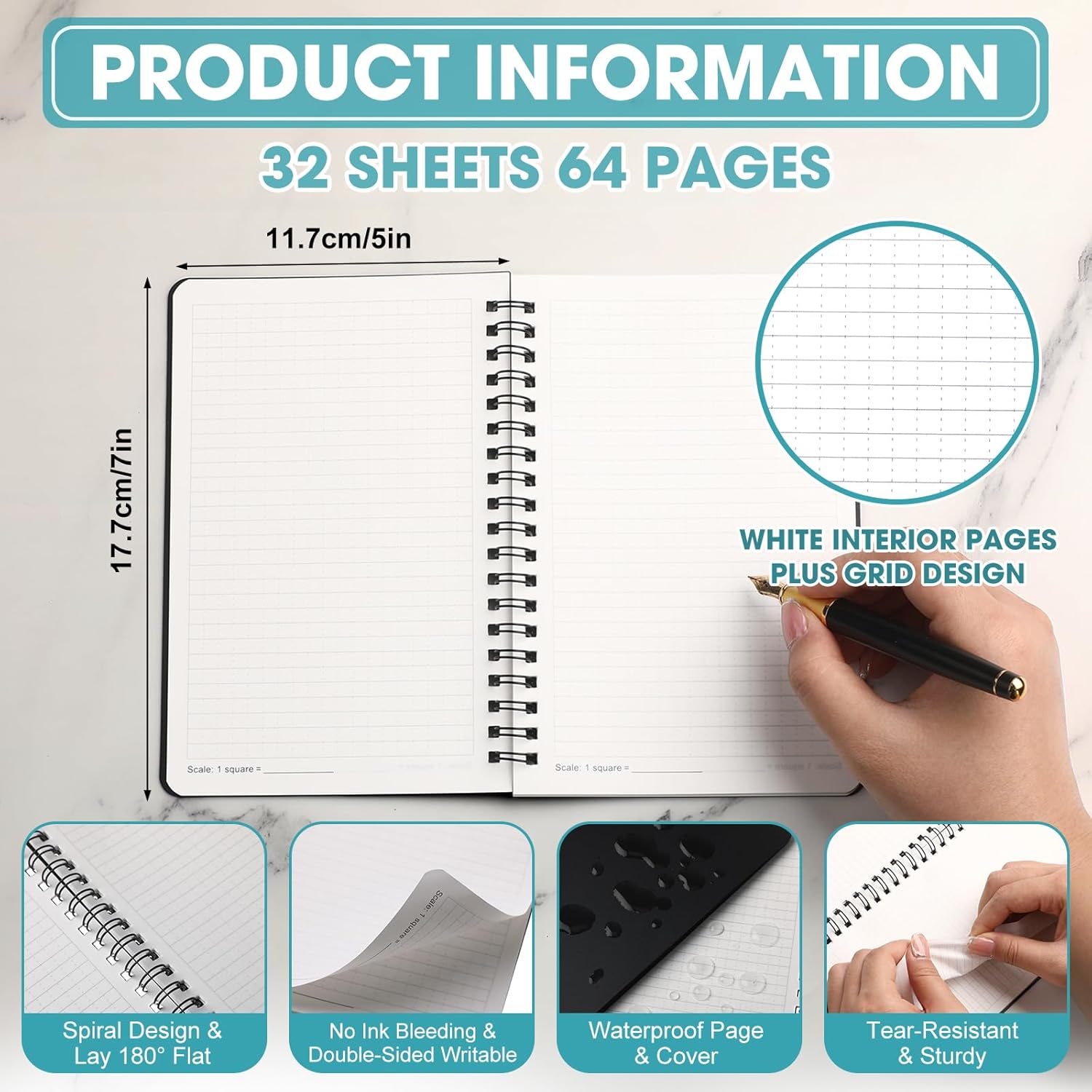 Jetec 12 Pcs Stone Paper Waterproof Spiral Notebook Journals Notepad Grid Notebooks 5 x 7 Inch Graph Paper Spiral Notepads Waterproof Sheet Journals 64 Pages for Aesthetic School (Black)