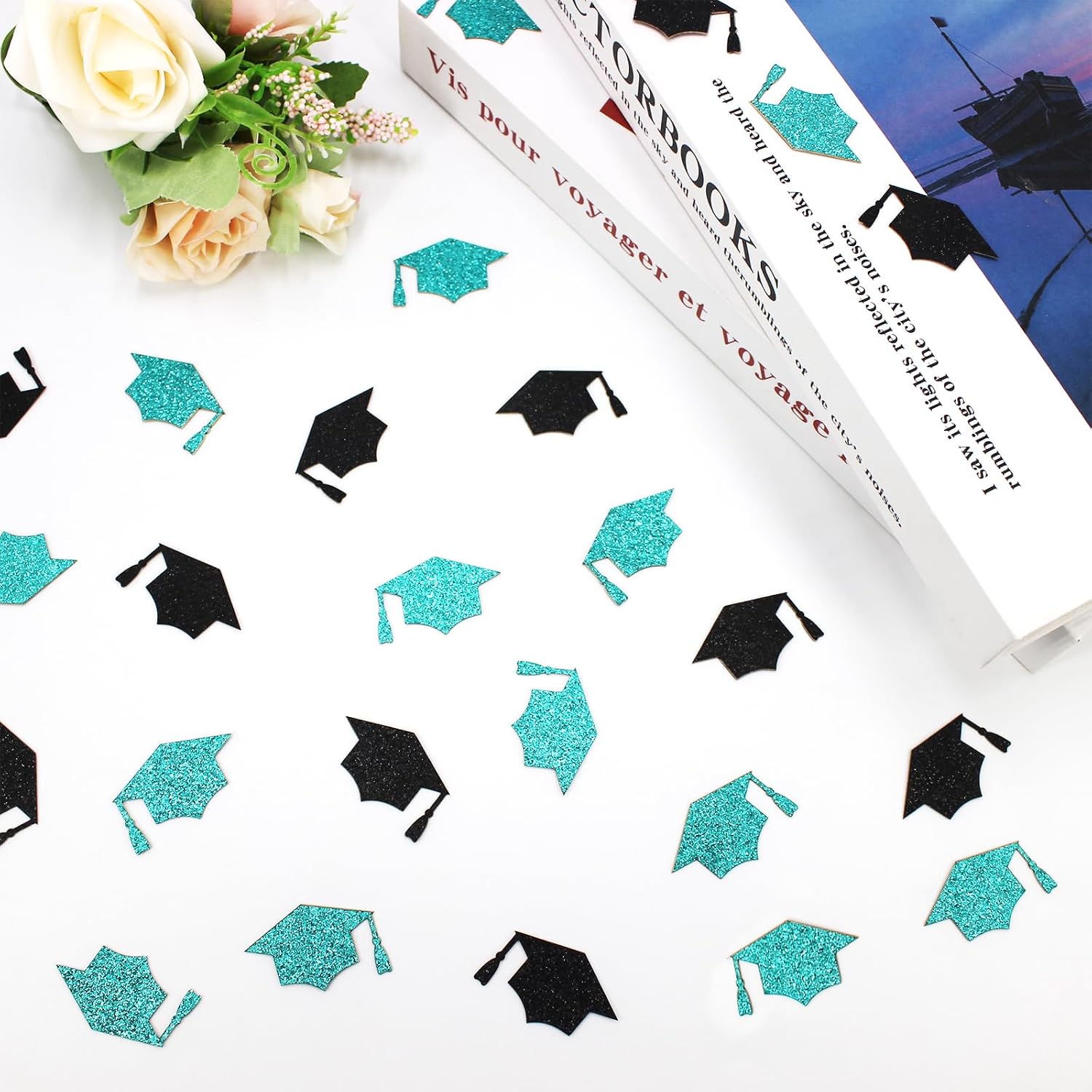 200PC Black Teal Grad Cap Graduation Confetti for Table Glitter Graduation Hat Table Scatter for Class of 2026 Grad Party Decorations