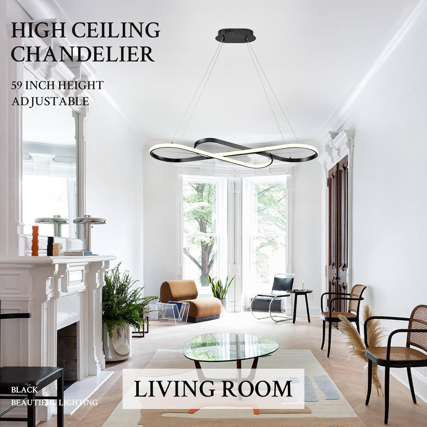 Modern LED Chandelier Black Dimmable LED Pendant Light for Dining Room Light Fixture Over Table Modern Kitchen Island Lighting High Ceiling with Remote for Living Room, 31.7 Inch