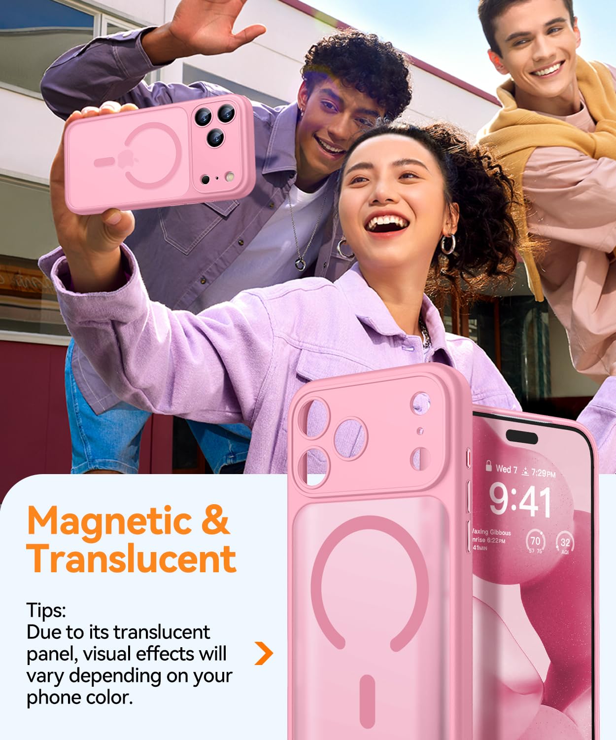 CANSHN Cover Magnetica per iPhone 17 Pro(6,3 Pollici), Compatibile con MagSafe, [Protezione Completa Della Fotocamera], Custodia Traslucida Opaca Protettiva Sottile Antiurto,Rosa