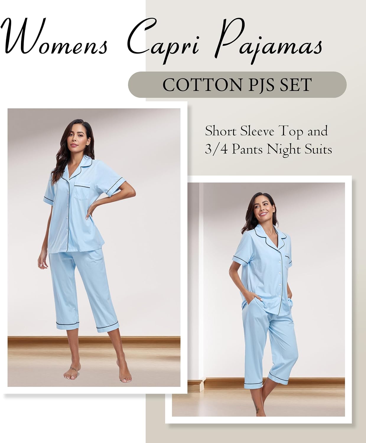 ANLIQI Womens 100% Cotton Capri Pajama Sets Short Sleeve Button Down Top & 3/4 Pants 2 Piece Pjs Sleepwear with Pockets