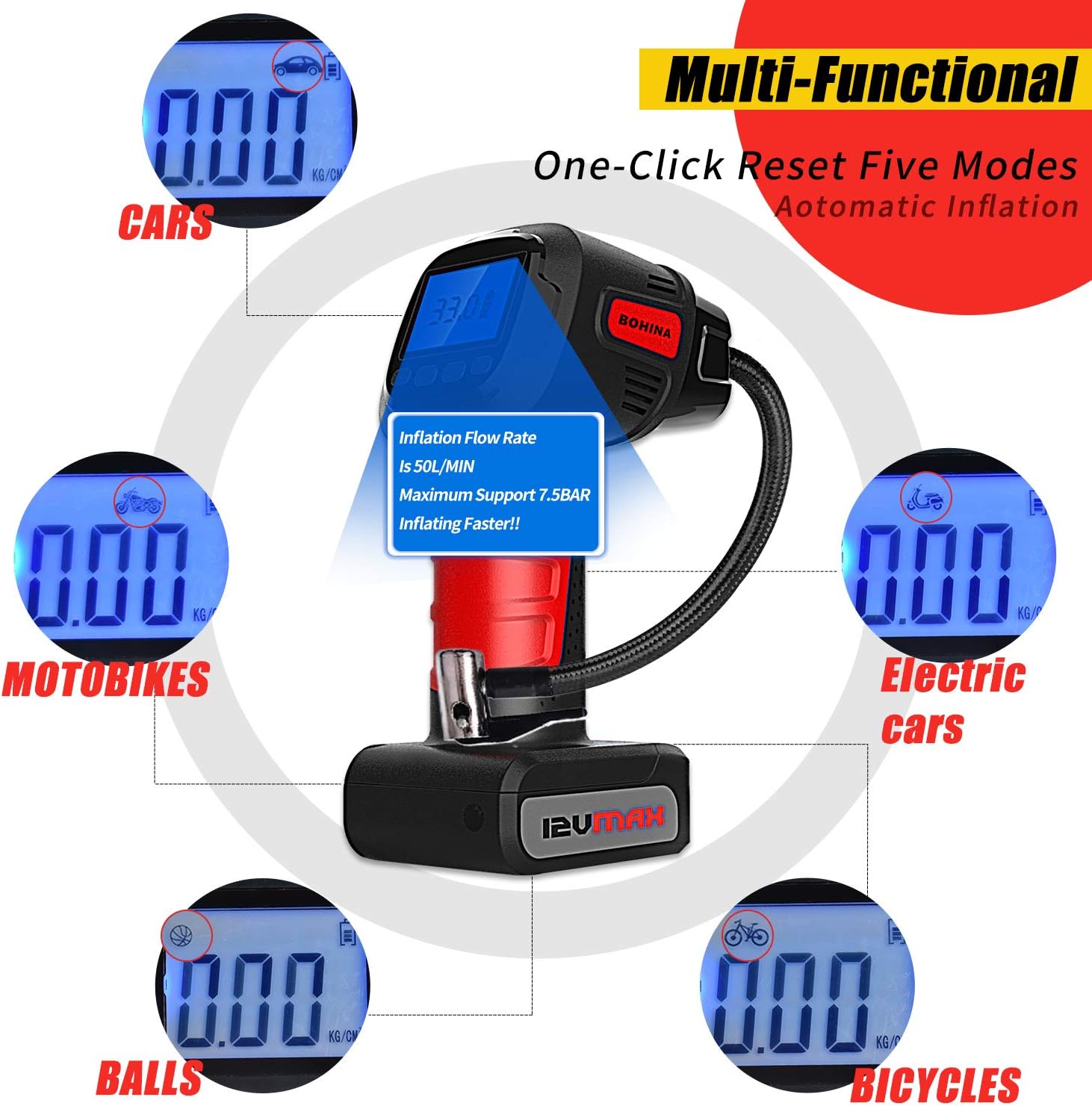 Cordless Air Compressor Portable Tire Inflator Pump with Digital LED lights and 2000mah Rechargeable Li-ion,suitable for Car,Bicycle,Air Mattress,Inflatable Airbed
