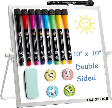 TSJ OFFICE Small White Board - 10 X 10 Inches Small Magnetic Dry Erase Board with Hooks for Wall, Desktop Whiteboard Stand 360 Degrees Revolving Double Sided for Office, Home, School, Silver