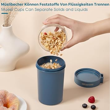 Mitsemmo Cereal Cup On The Go,760ml+230ml Muesli Cup,Breakfast Pots to Go,Yogurt and Granola Pot With Sauce Container,Travel Cereal Bowl and Milk Container,Reusable Overnight Oats Jar with Lid & Spoon