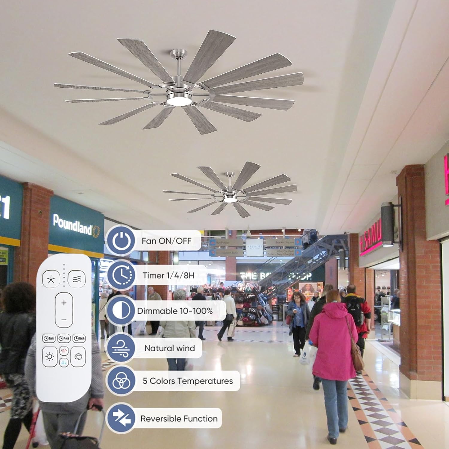 72" Outdoor Ceiling Fan with Light Remote, 12 Blade Large Modern Industrial Ceiling Fan with Dimmable Light High CFM Quiet Energy Efficient DC Motor, for Indoor Exterior Home Commercial, Silver+Oak