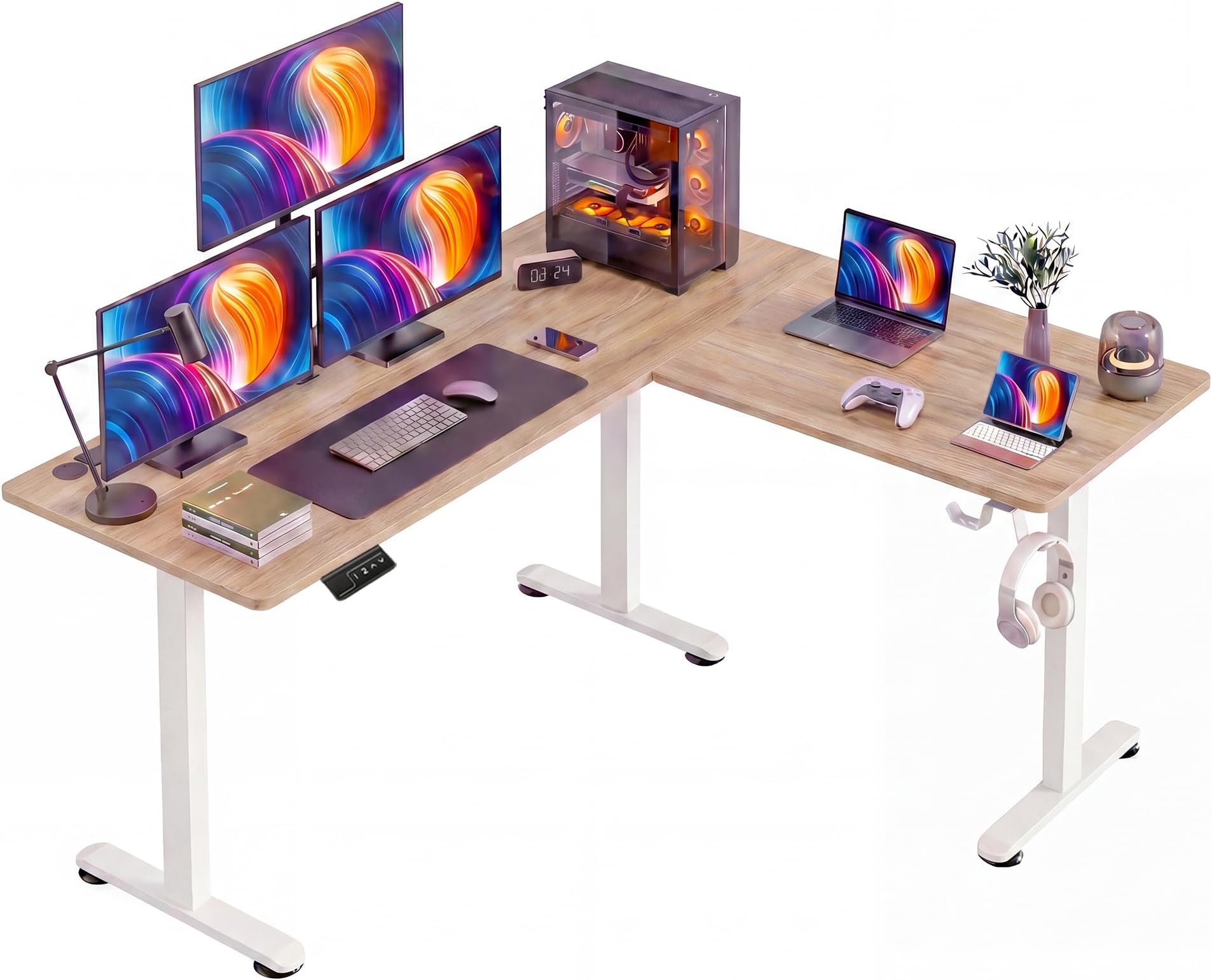 63โ L Shaped Standing Desk,Electric Height Adjustable Corner Stand Up Desk, Ergonomic Sit Stand Home Office Computer Desk with Splice Board (Oak)