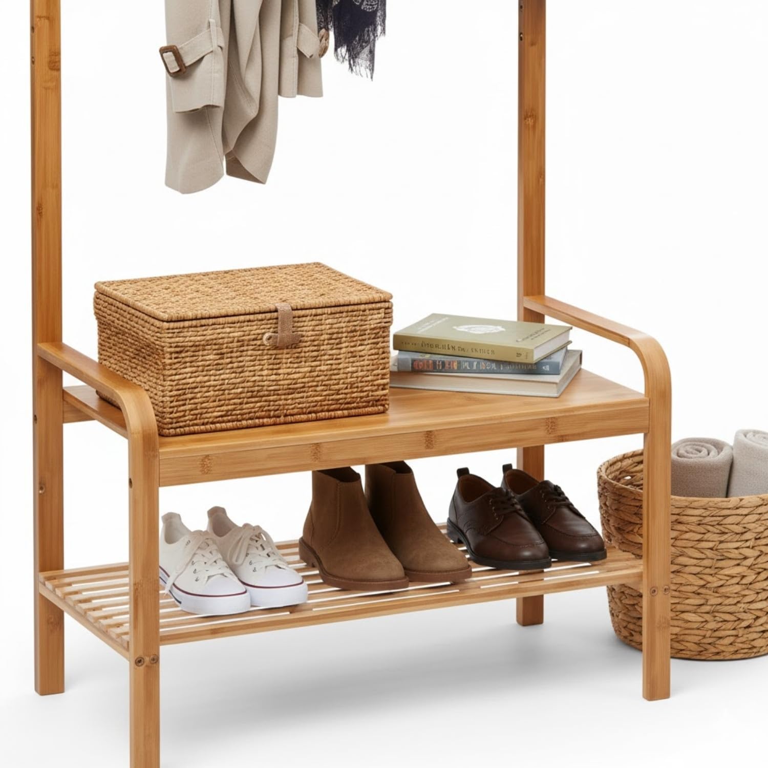 THINIA HOME - Perchero de Pie de Bambú Natural con Banco Zapatero y Ganchos de Madera, Organizador de Entrada, Dormitorio o Recibidor, Estilo Nórdico, 73.5x34.5x170 cm