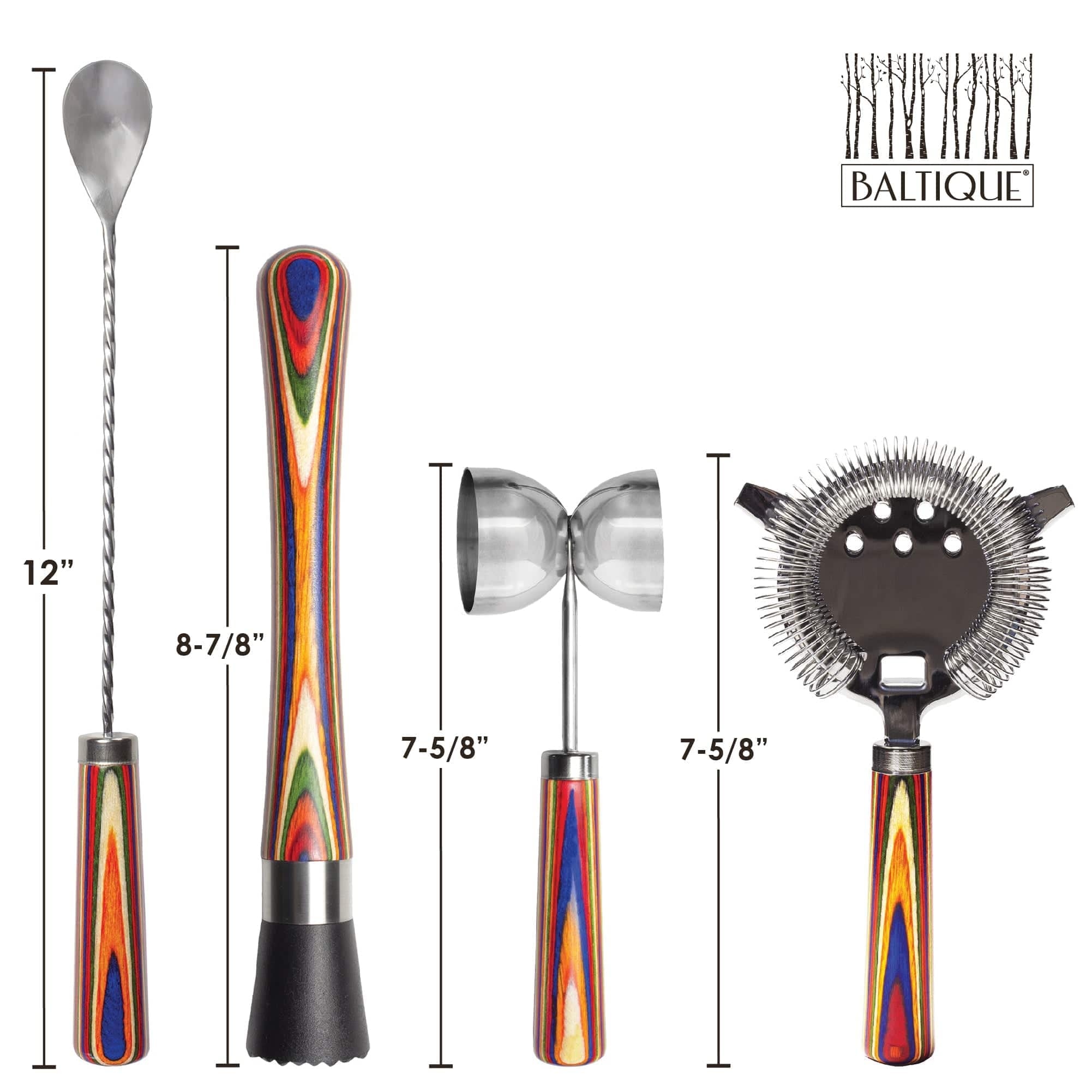 Baltique Marrakesh - Kit de barman de 4 piezas, juego de regalo de barman con herramientas esenciales de bar, incluye mortero, medidor de doble cara, colador de cóctel Hawthorne y cuchara de bar
