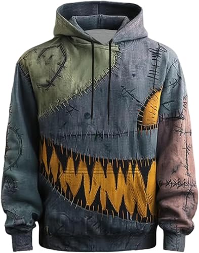 GQN Mens Hoodies Pullover Mens Halloween Novelty Hoodie Long Sleeve Colorblock C