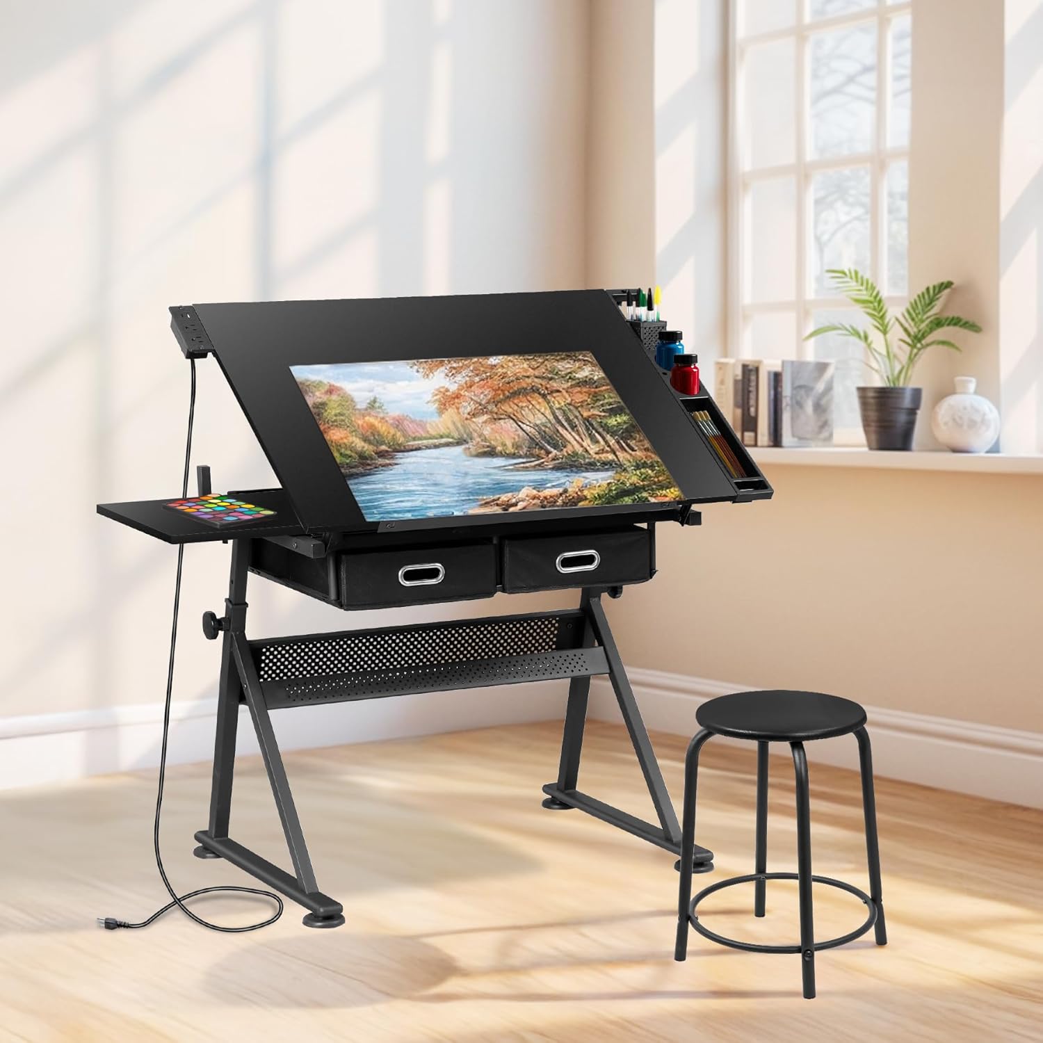 Nouva Adjustable Drafting Table Drawing Table w/Power Outlets (2AC, USB, Type-C), Multifunctional Tilting Art Craft Artists Desk w/Stool, 2 Drawer for Home Office,Black