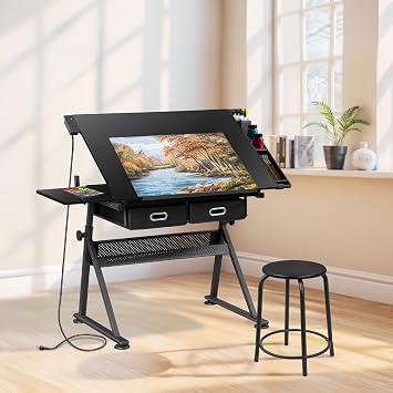Nouva Adjustable Drafting Table Drawing Table w/Power Outlets 2AC, USB, Type-C, Multifunctional Tilting Art Craft Artists Desk w/Stool, 2 Drawer for Home Office,Black