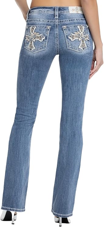 Miss Me Womens Elora Cross Embellished Pockets Mid-Rise Bootcut Jeans