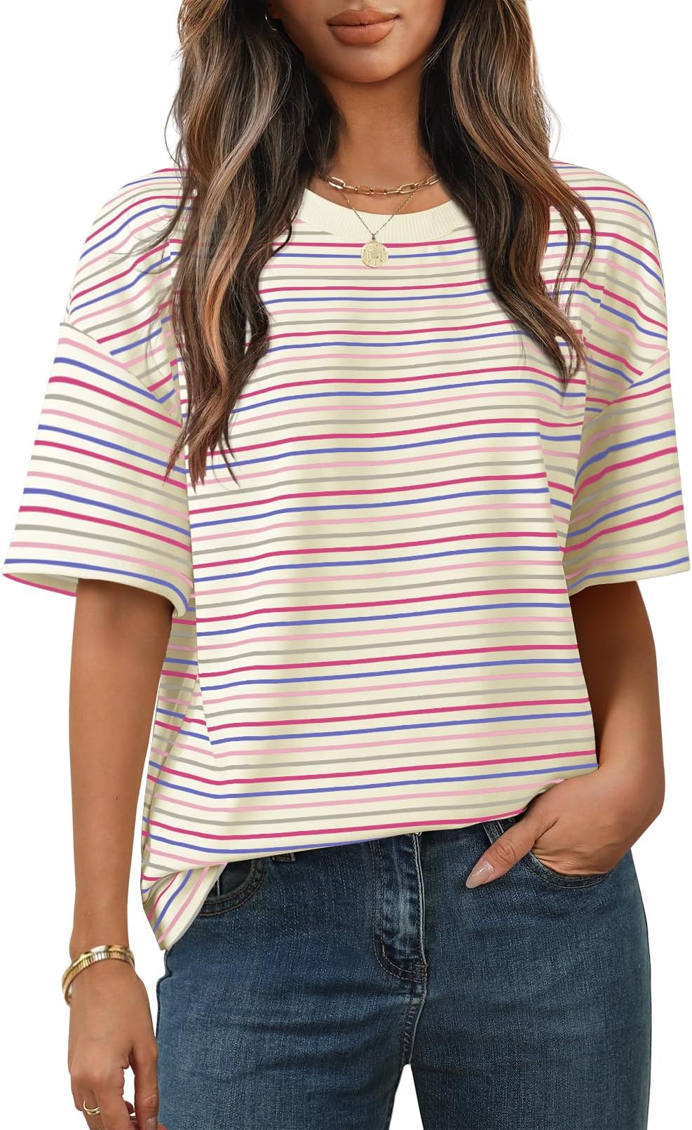 Women's 2026 Summer Short Sleeve Tops Casual Colourful Striped Crewneck Loose Work T Shirts Blouses