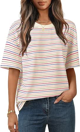 MEROKEETY Women's Summer Short Sleeve Casual Colorful Striped Tops