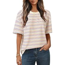 MEROKEETY Womens Summer Short Sleeve Casual Colourful Striped Tops