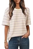 MEROKEETY Women's 2026 Summer Short Sleeve Tops Casual Colourful Striped Crewneck Loose Work T Shirts Blouses