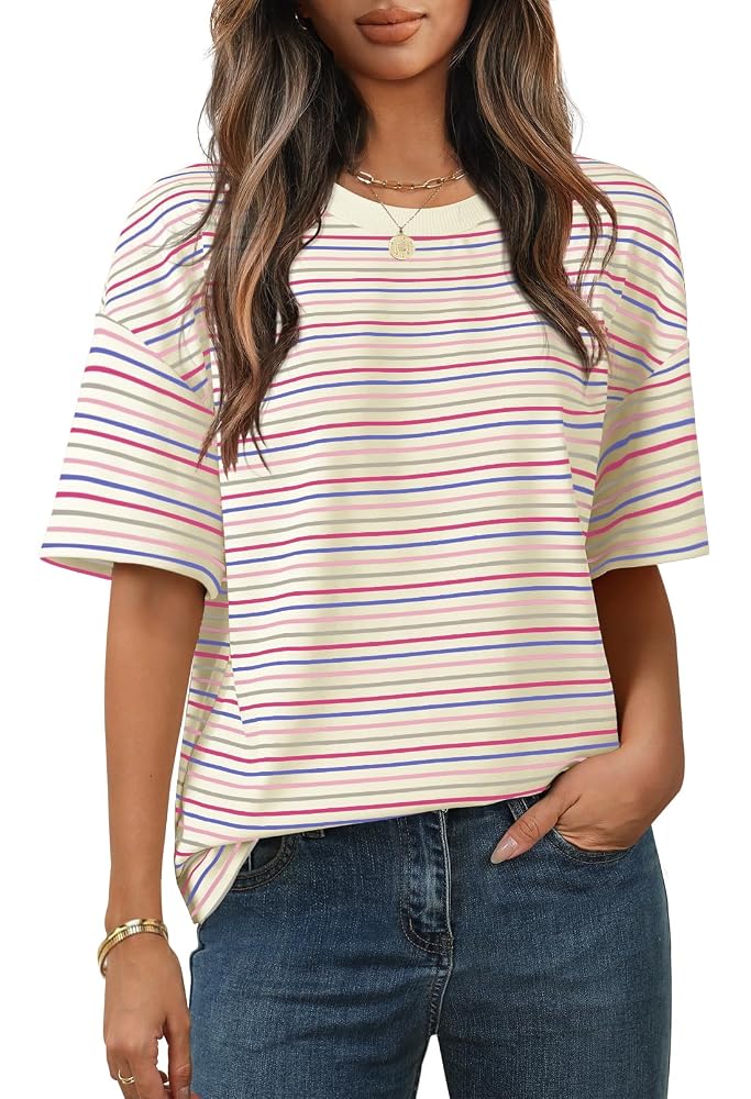 Floerns Women's Striped Print Short Sleeve Tee - Round Neck, Lightweight Summer T-Shirt