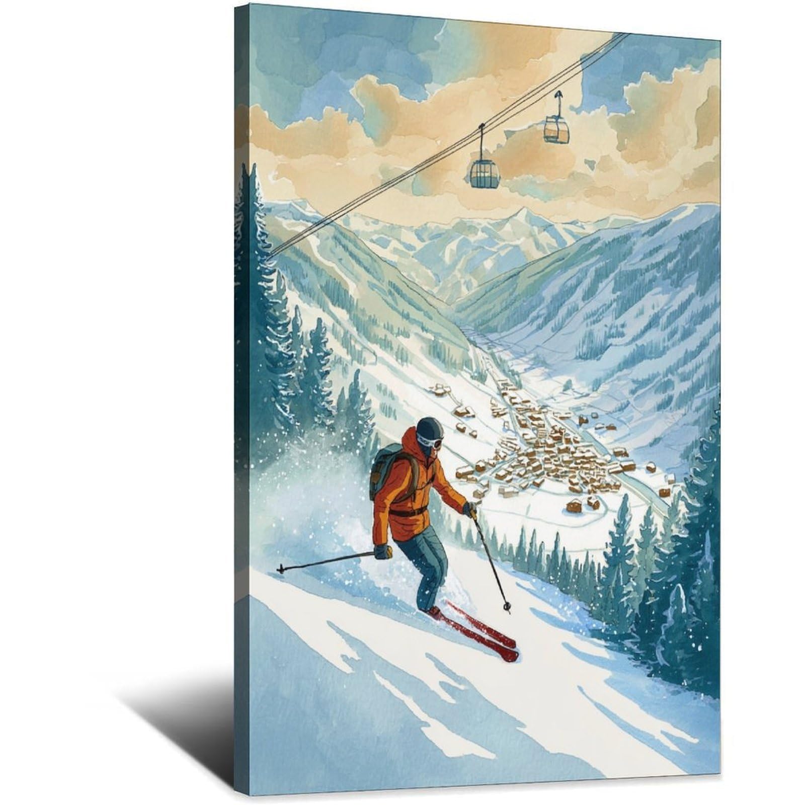iPuzou Saalbach Hinterglemm Austria Ski Poster 24x36inch(60x90cm) Vintage Watercolor Canvas Art