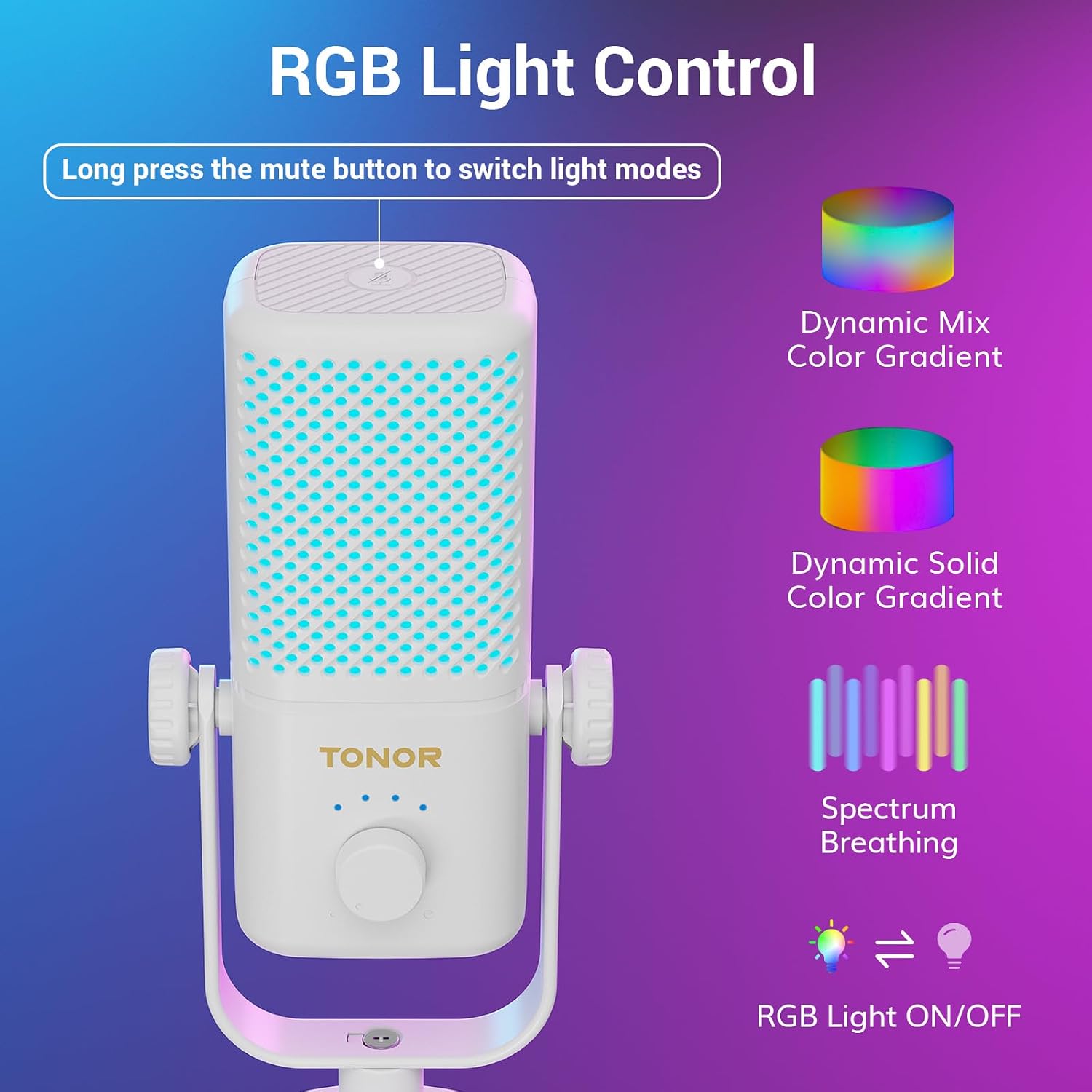 TONOR Gaming Microphone Compatible with Xbox, RGB Condenser Streaming Mic, Low Noise, Gain Control, One Tap Mute, Compatible with Capture Card, 200 cm/78inch Cable, Desktop Stand, White, TCX3