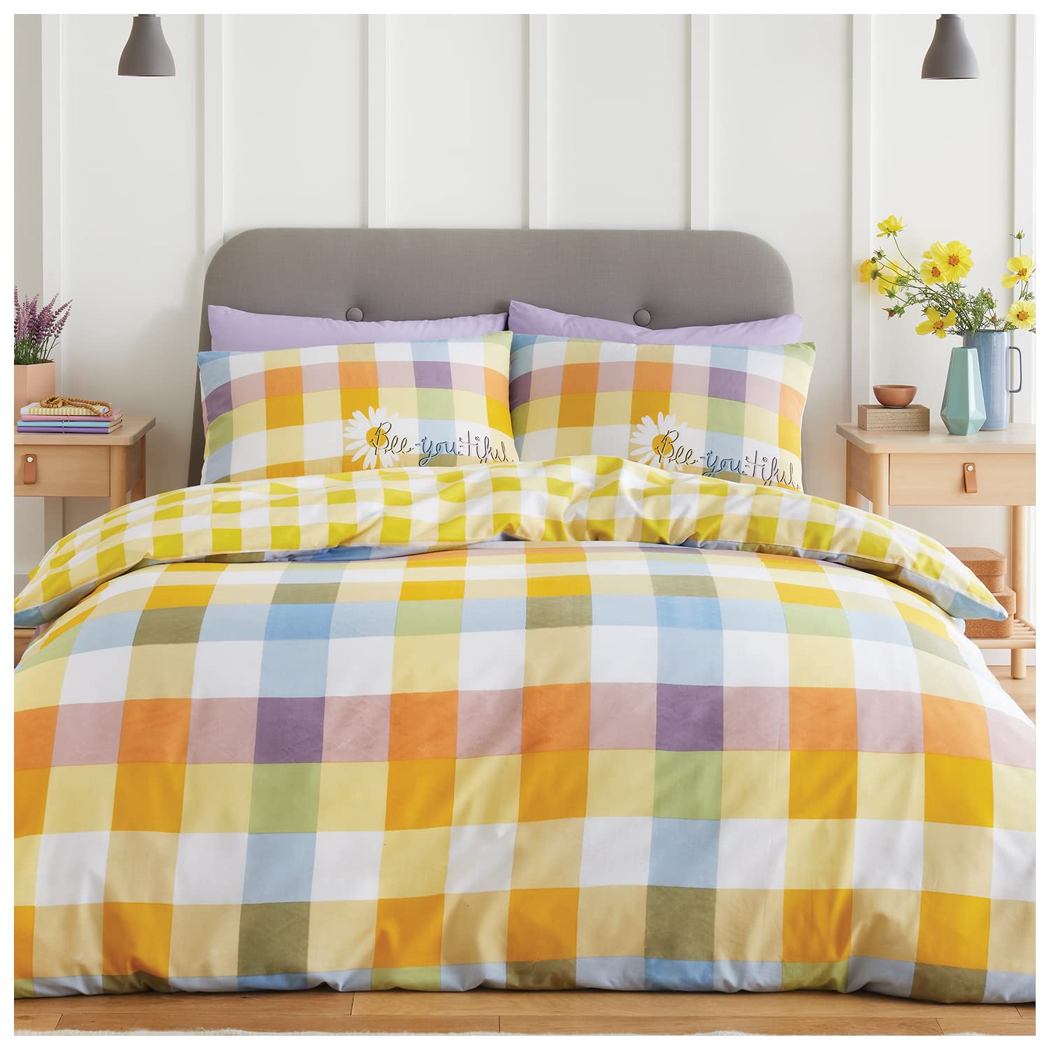 GC GAVENO CAVAILIA Polycotton Check Duvet Cover Single, Sunflower Bedding Quilt Covers With Matching Pillow Case, Multicolour