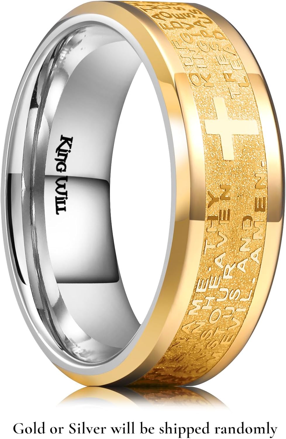 King Will Stainless Steel Men Ring 8mm Lord's Prayer Cross Ring Stainless Steel Men Wedding Ring, Gold/Silver/Black Wedding Band Bible Engraved Rings High Polished, Comfort Fit Size 7-14