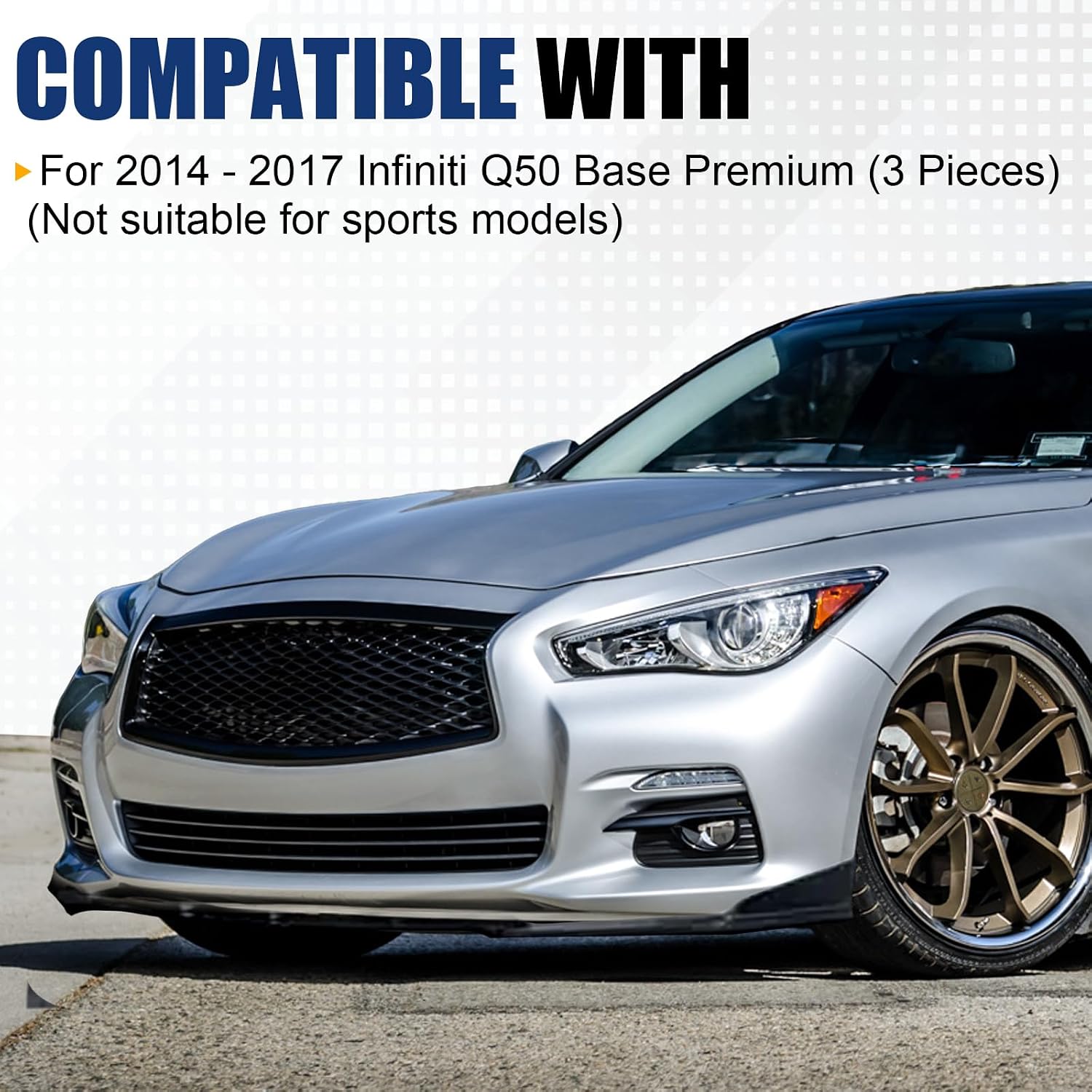 Fit for Infiniti Q50 Front Bumper Lip(2014–2017 Q50L Base and Premium Trims)-3PCS ABS Splitter Air Chin Body Kit OEM Style