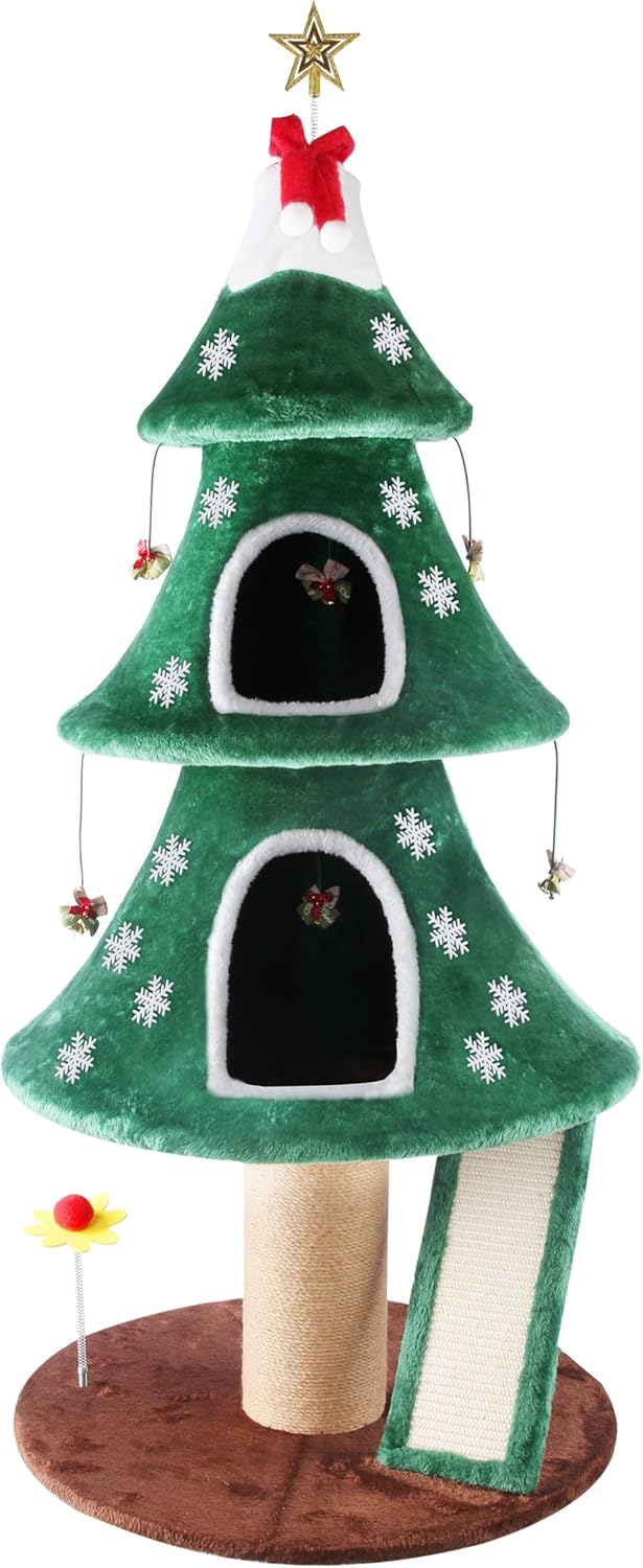 53" Christmas Cat Tree, Cat Tower with 2 Condos & Sisal Scratching Posts for Indoor, Christmas Tree Design Cats Furniture with Plaything, Activity Center Play House for Kittens