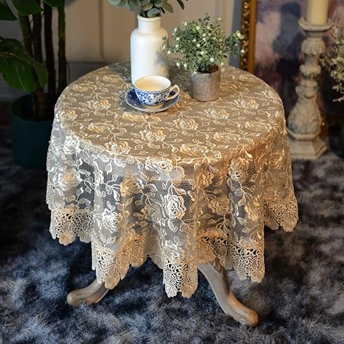 Miniatura 3 de SUTAVIA Mantel redondo de tela de encaje rosa dorado floral para mesa auxiliar, protector clásico a prueba de polvo para comedor, picnic, boda,