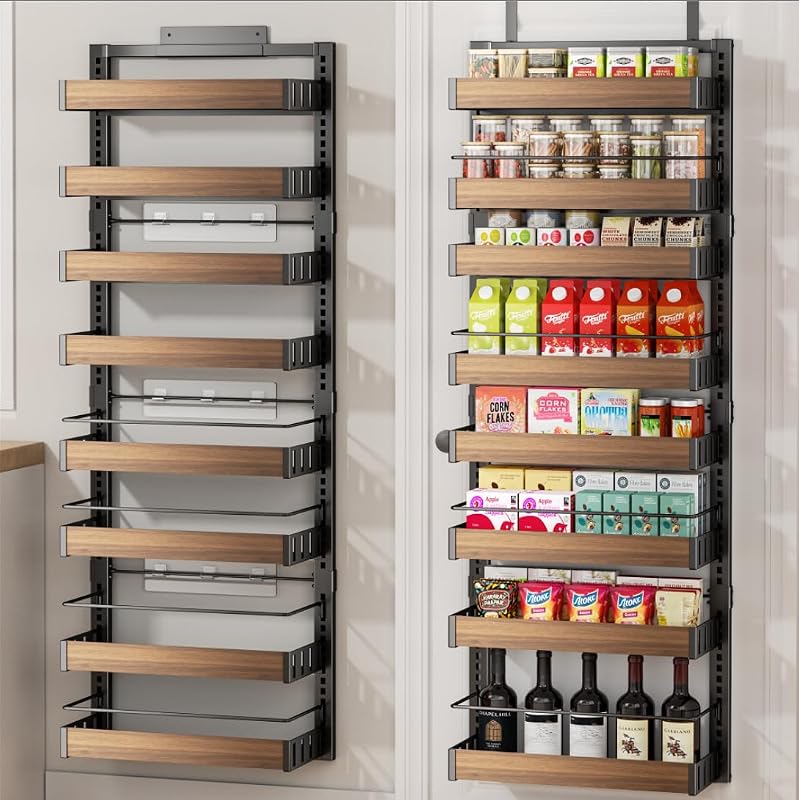 POKIPO Organizador de despensa de 8 niveles sobre la puerta, 2 en 1 para montaje en pared o estante colgante para especias, estantes para condimentos con cesta ajustable, organizador en la parte posterior de la puerta y almacenamiento para gabinete de cocina y armario de habitación