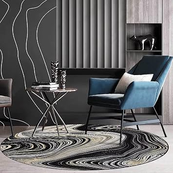 Big Trippy Circle Rugs for Living Room Boho 5ft Abstract Marble Circular Rug Black Modern Agate Round Rug Washable Non-Slip Large Area Rug for Bedroom