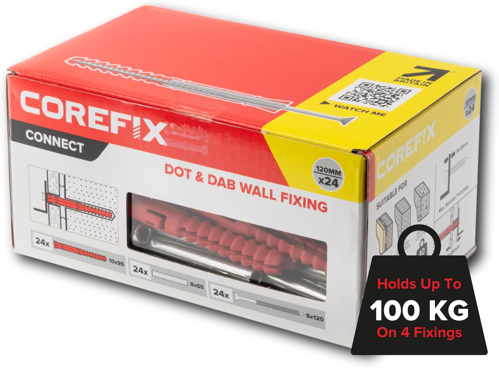 24 x 120mm Heavy Duty Dot & Dab Wall Fixings - Plasterboard Over Blockwork Wall Plugs & Screws - For TV Wall Bracket, Radiators, Shelving & More - Holds 100kg On 4 Fixings