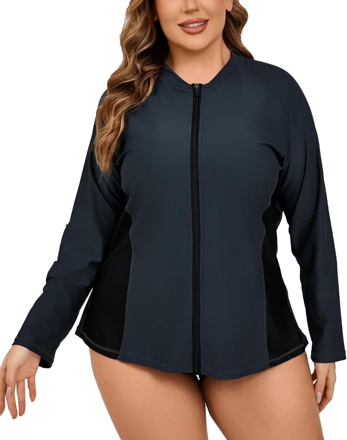 Halcurt Women's Plus Size Rash Guard Long Sleeve Swim Shirts Full Zip Swimsuit Top UPF50+ Loose Fit Bathing Suit