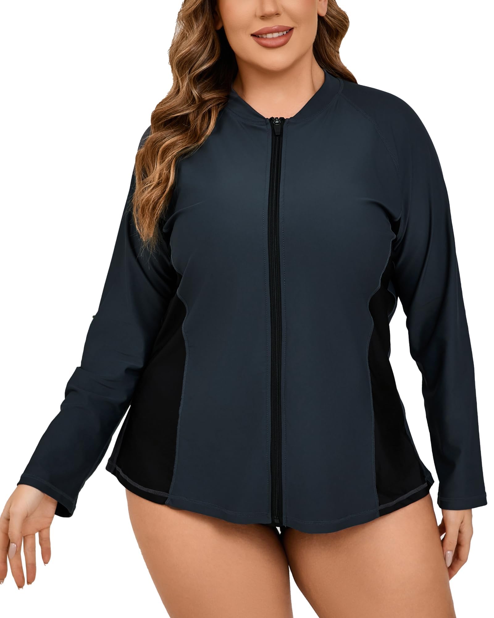 Halcurt Camiseta de manga larga para mujer, talla grande, con cremallera completa, UPF50+, ajuste holgado, traje de baño de secado rápido