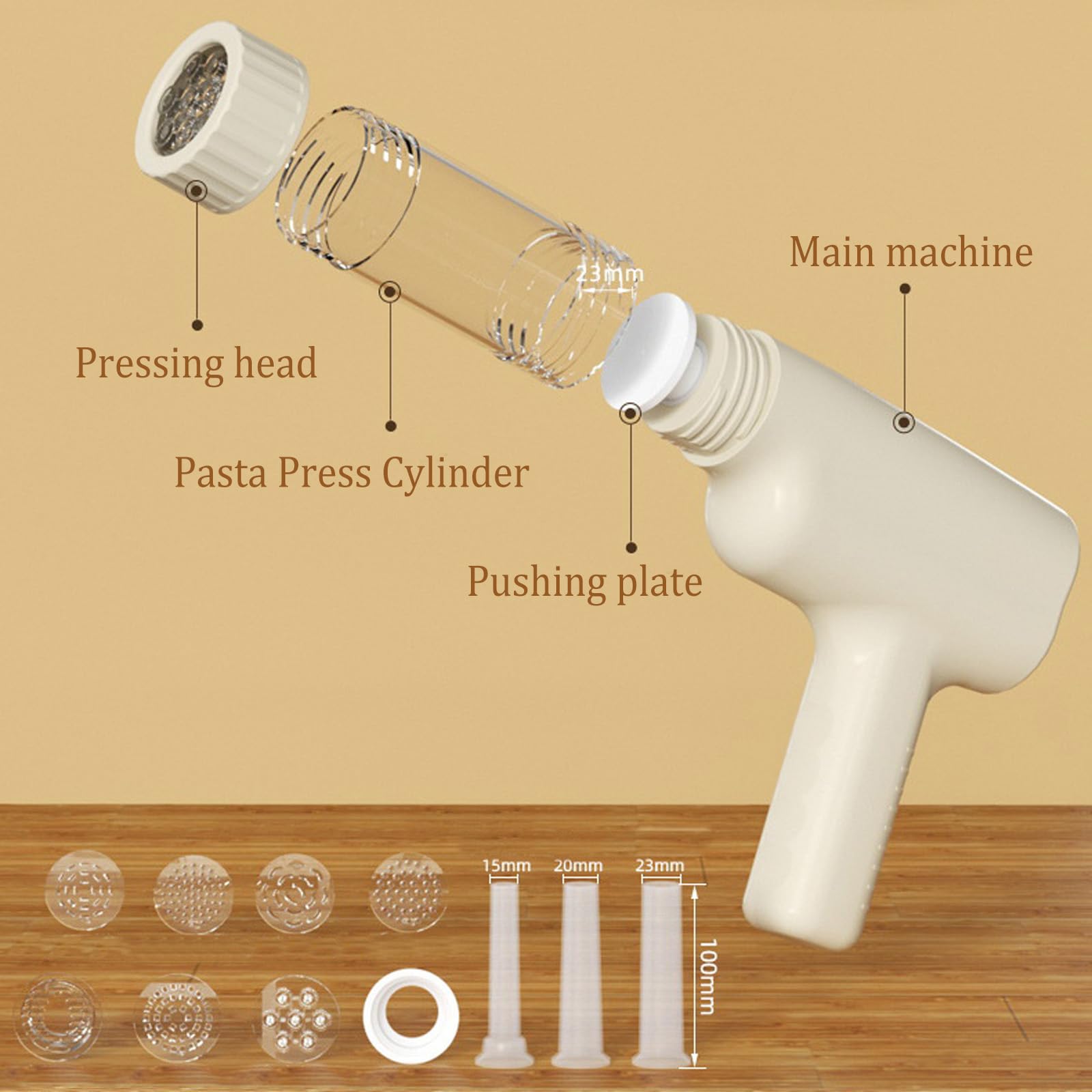 Presses à Pâtes électriques, Machine à Pâtes électrique avec 7 Moules à Nouilles Portable Machine à Pâtes Fraîches Rechargeable 1300mAh ABS Machine à Pâtes pour Spaghetti Fettuccine Beige