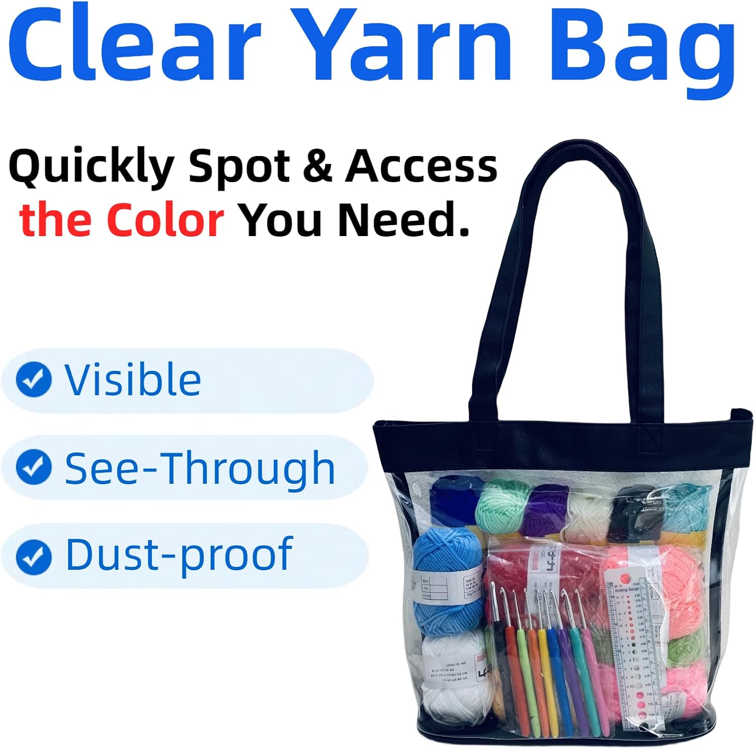 Large Clear Tote Bag Stadium Approved Plastic Yarn Holder for Crocheting Supplies Knitting Crochet Project Bag Craft Storage Transparent See Through Purse for Stadium Events 12 x6 x12, Black