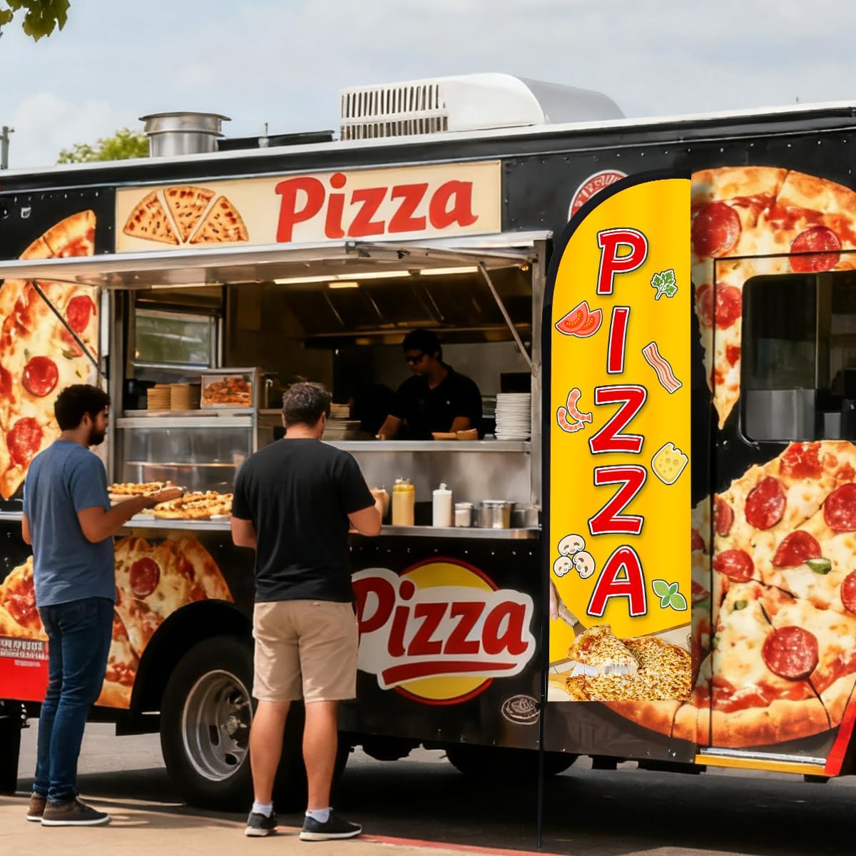 Pizza Feather Flag, 8.2ft PIZZA Sign with Aluminum Pole and Ground Stake, Commercial Sign for Outside Business Swooper Flag Advertisng Feather Banner
