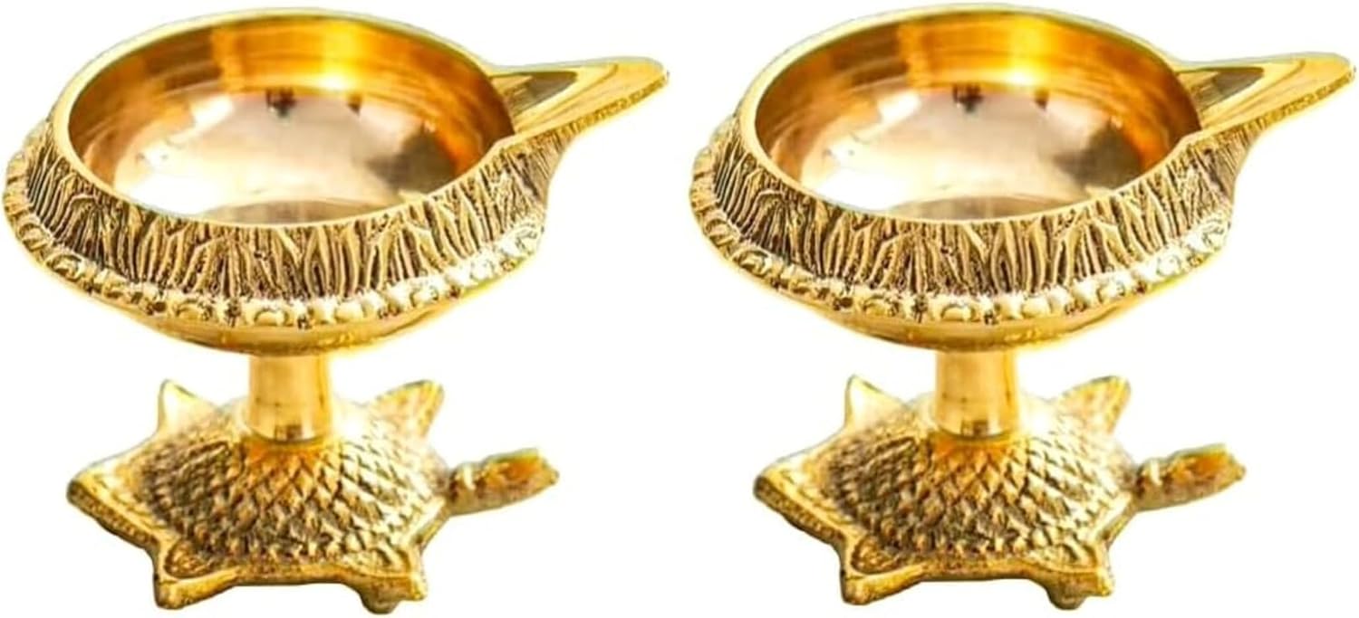 Set of 2 Kuber Diya Decorative Diya Pooja Item Brass Oil Lamp Pooja Essential for Indian Traditional Festival Laxmi Poojan New year Decorations Aarti Lighting Accessories (Size:-1.5")(Golden)