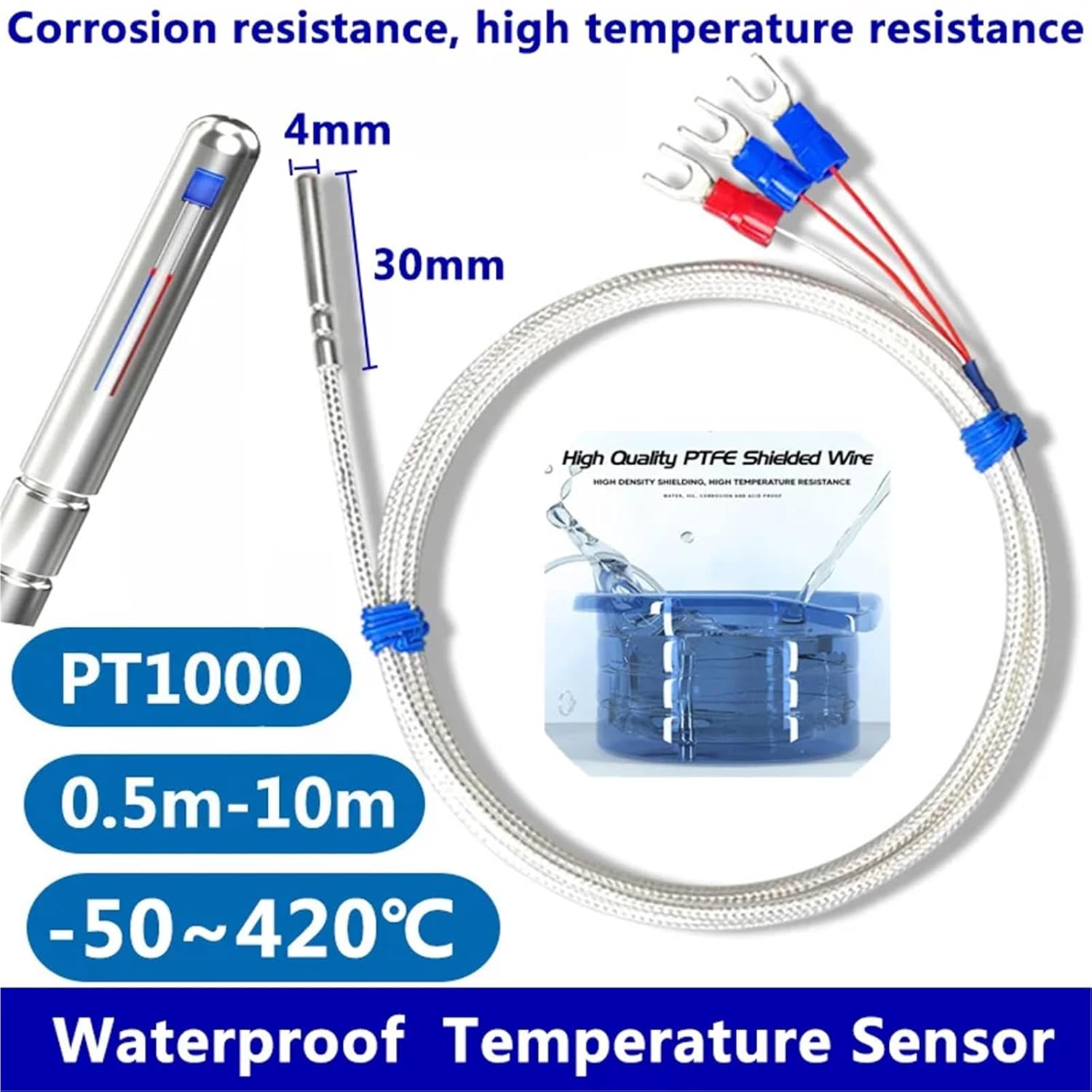 Stainless Steel PT1000 Temperature Probe Sensor with 0.5/10M Cable Sensing, 1pc(PT1000 Type 10M)
